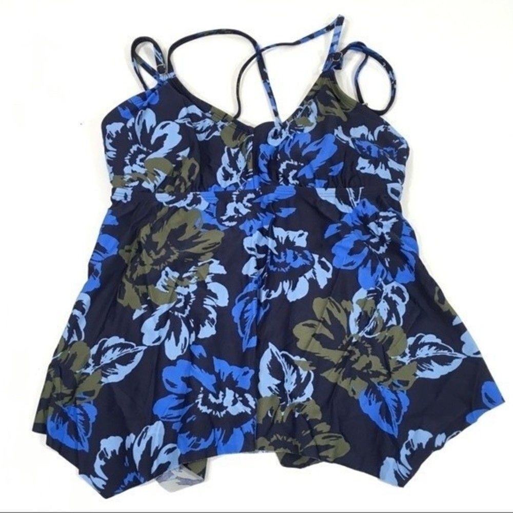 KONA SOL STRAPPY CROSS BACK TROPICAL PRINT TANKINI SWIMSUIT TOP MEDIUM